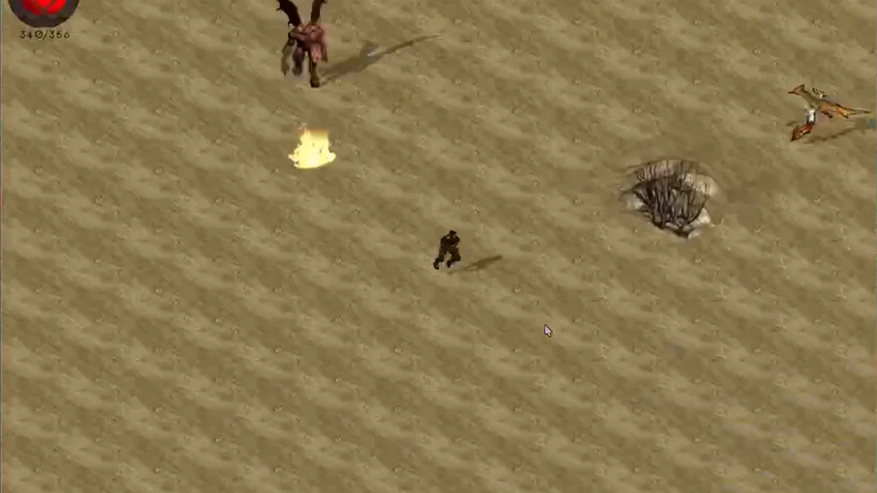 Isometric desert scene with a player character, enemies, a projectile effect, and terrain obstacles.