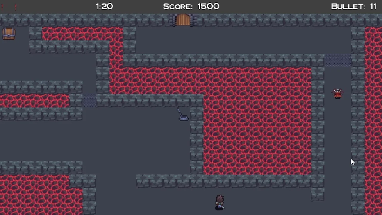 Top-down dungeon scene showing the player, an enemy, a chest, walls, and lava hazards.