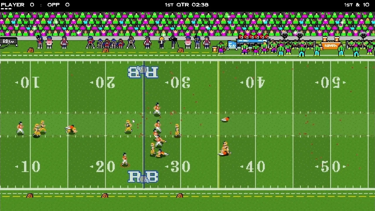 Pixel-art American football field during an active play with multiple offensive and defensive players.
