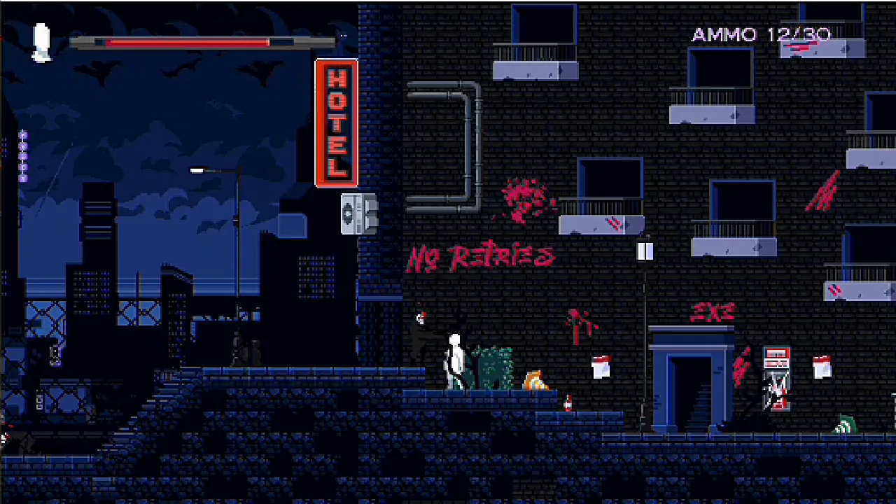 Cyberpunk platform scene with a player character, layered city background, pickups, hazards, and a heads-up display.