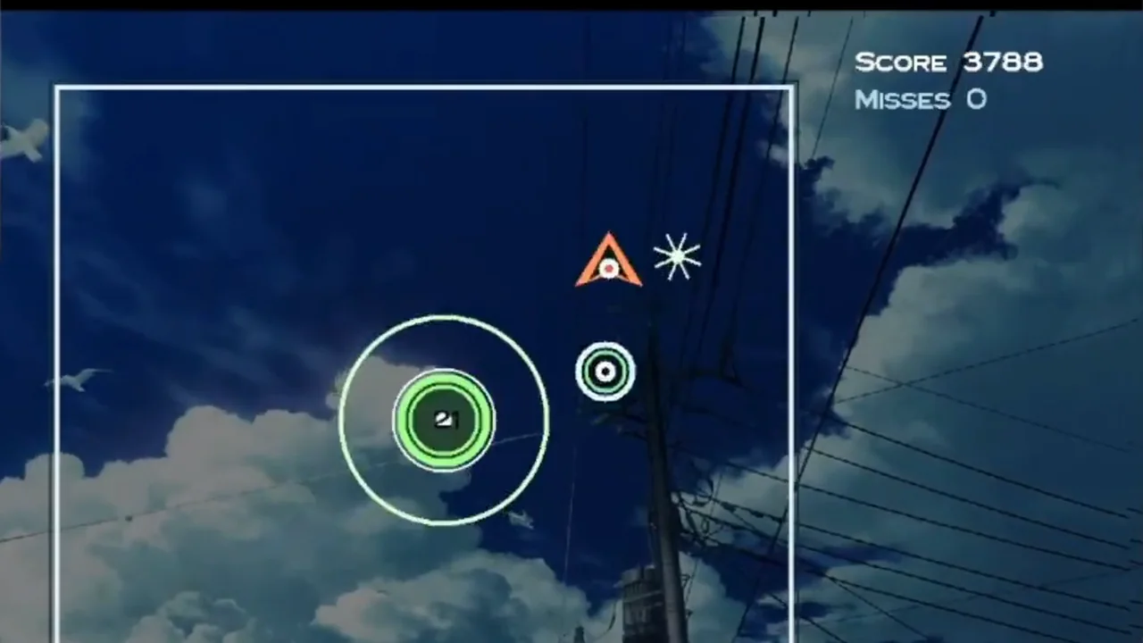 Rhythm interaction scene with circular targets, a predictive chaser, score, and miss count over a photographic sky background.